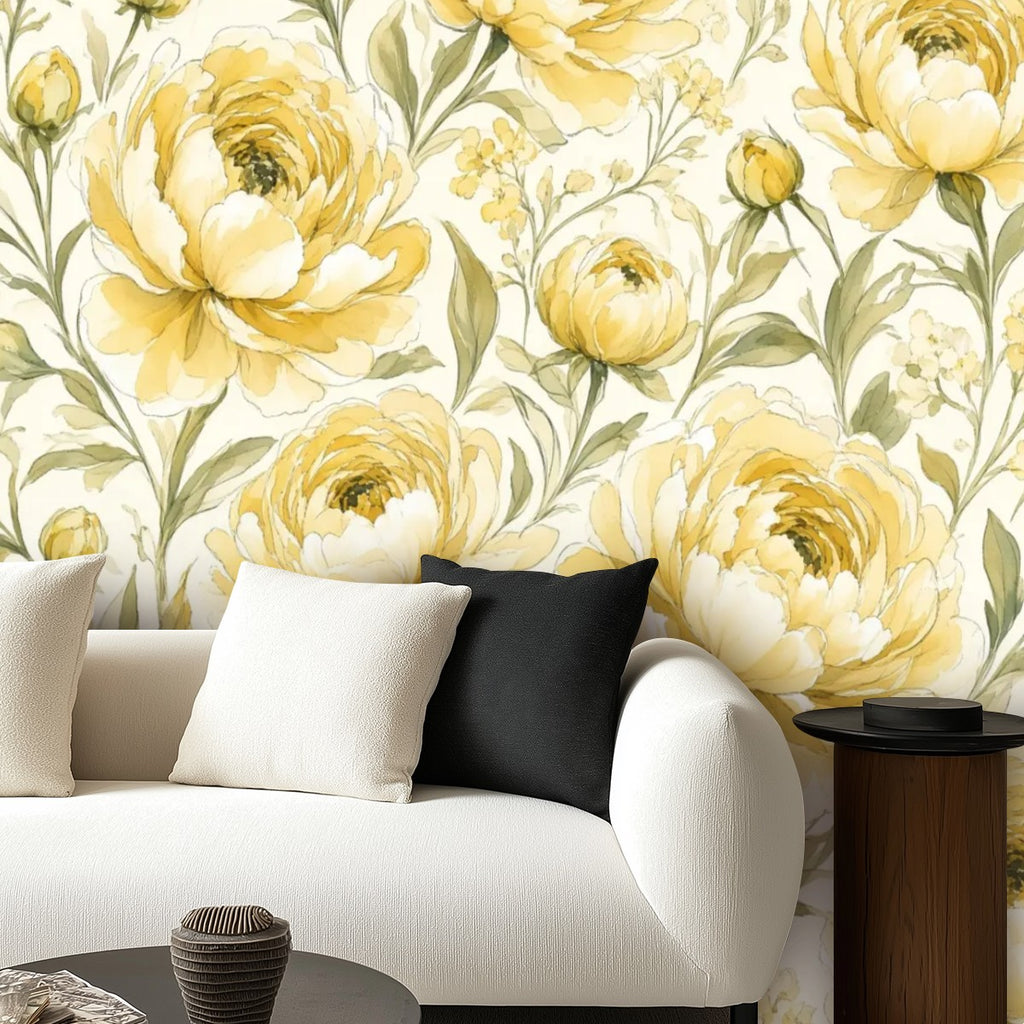 Butter Yellow Peony Garden Peel and Stick Wallpaper