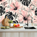 Pink Hibiscus and Monstera Peel and Stick Wallpaper