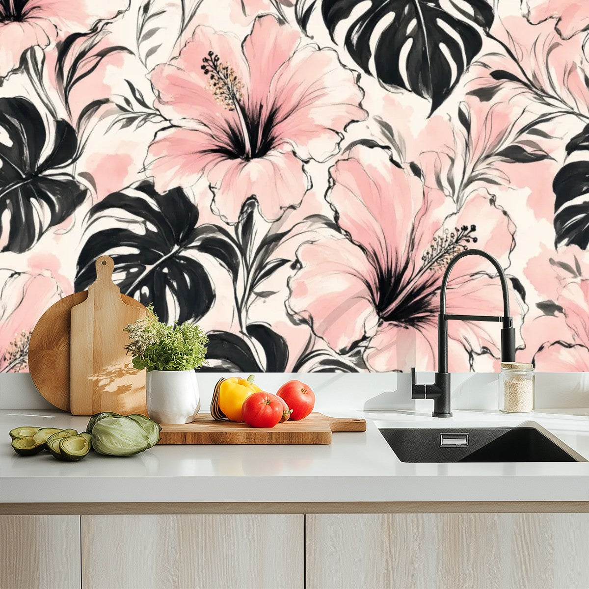 Pink Hibiscus and Monstera Peel and Stick Wallpaper
