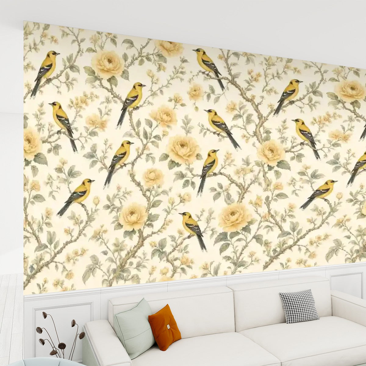 Yellow Birds & Roses Botanical Peel and Stick Wallpaper – Cheerful Nature & Classic Floral Decor