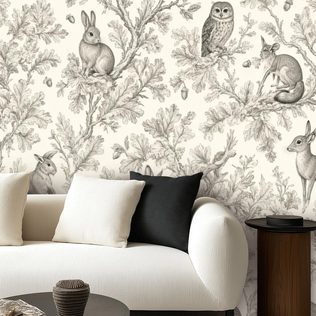 Woodland Toile Peel and Stick Wallpaper – Neutral Nursery & Nature Kids Room