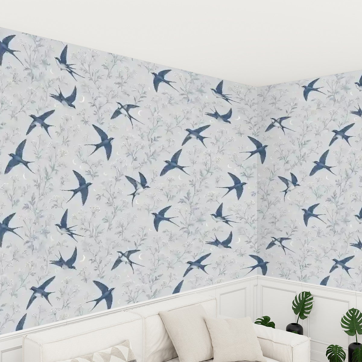 Swallow & Botanical Peel and Stick Wallpaper – Serene Nature & Scandi-Modern Decor