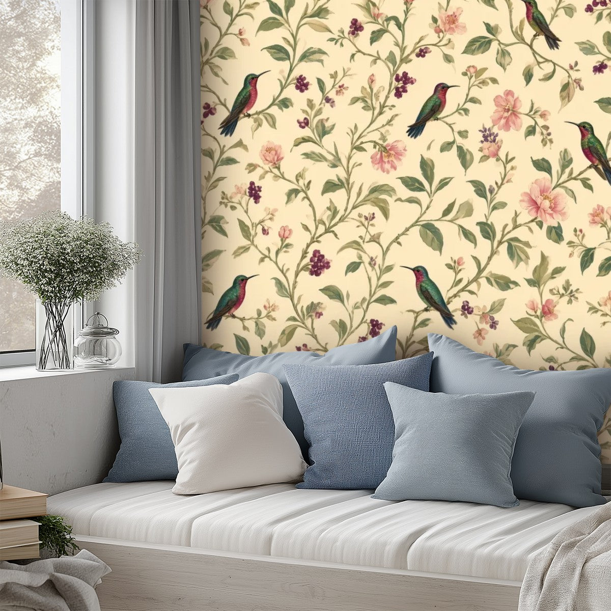 Garden Birds & Roses Peel and Stick Wallpaper – Romantic Botanical & Cottagecore Decor