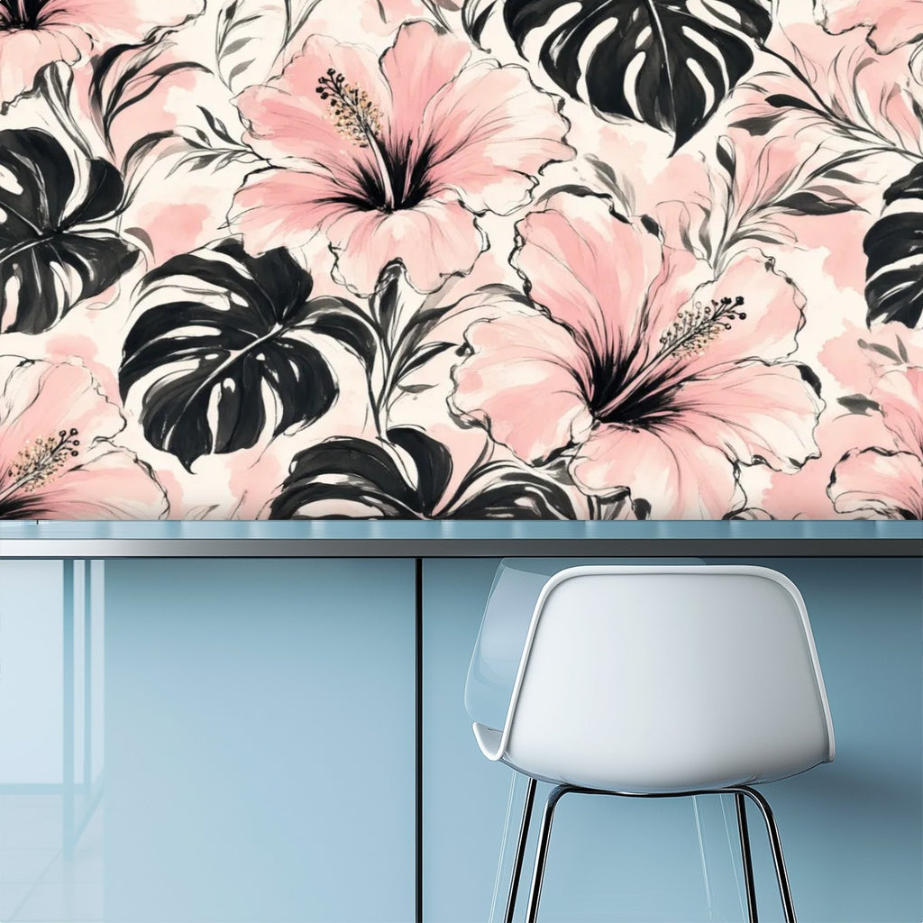 Pink Hibiscus and Monstera Peel and Stick Wallpaper
