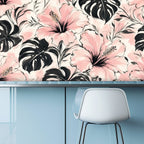 Pink Hibiscus and Monstera Peel and Stick Wallpaper