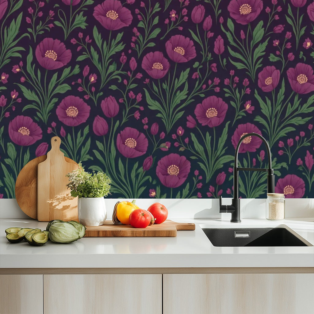 Dark Plum Folk Floral Peel and Stick Wallpaper