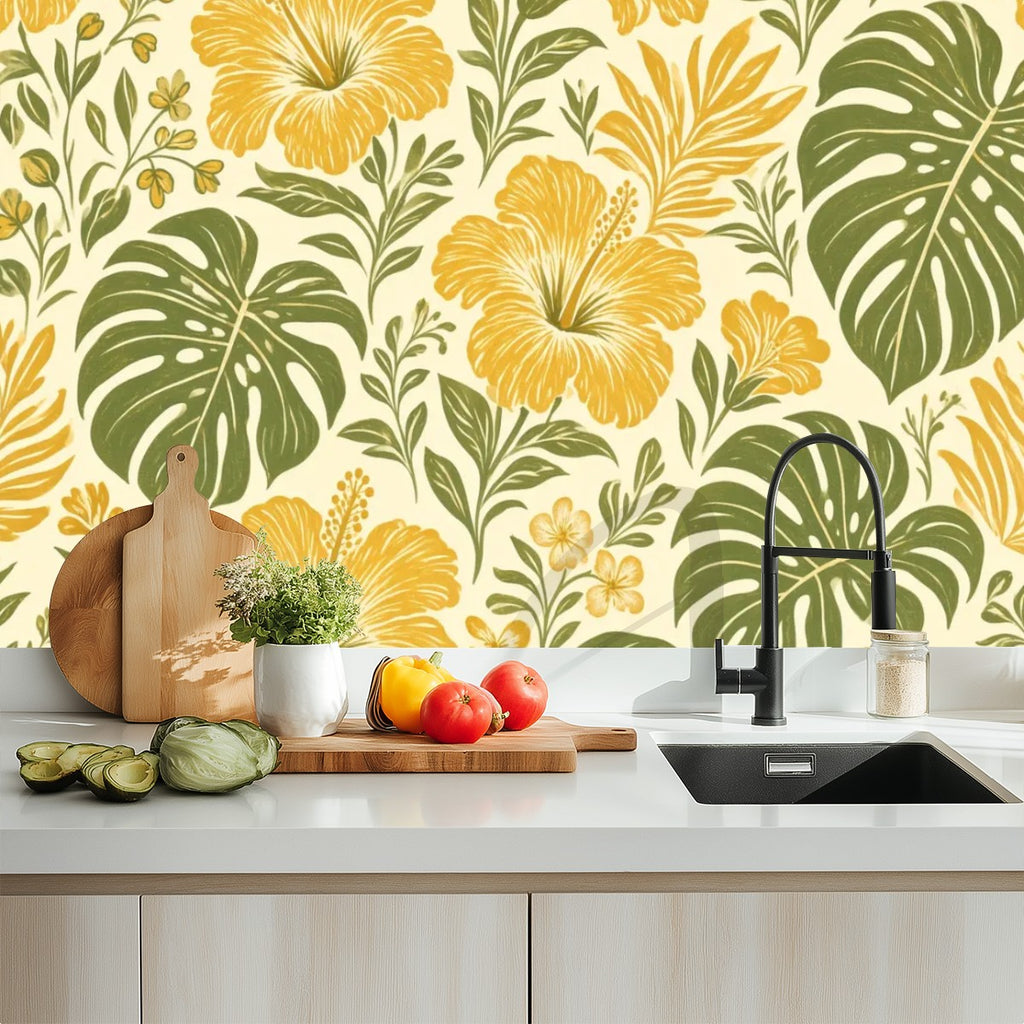 Golden Hibiscus and Monstera Peel and Stick Wallpaper
