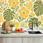 Golden Hibiscus and Monstera Peel and Stick Wallpaper