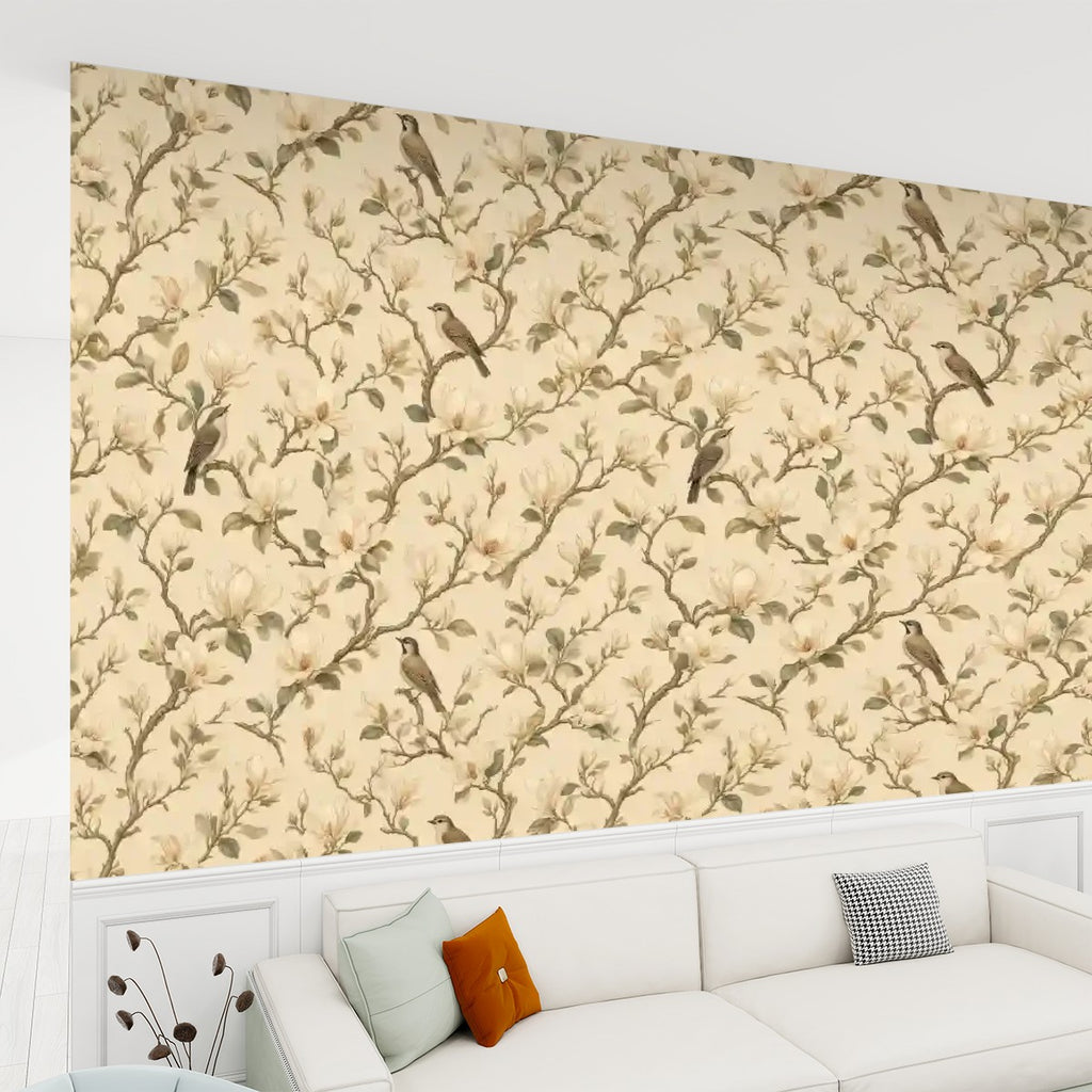 Magnolia Birds Botanical Peel and Stick Wallpaper – Classic Nature & Serene Japandi Decor
