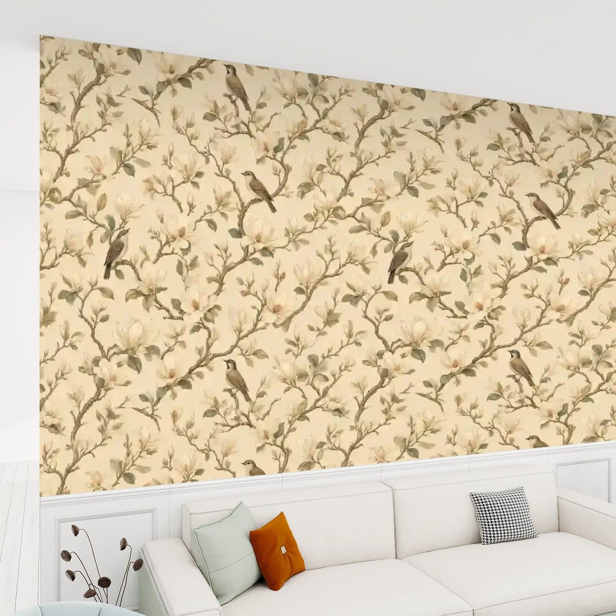 Magnolia Birds Botanical Peel and Stick Wallpaper – Classic Nature & Serene Japandi Decor