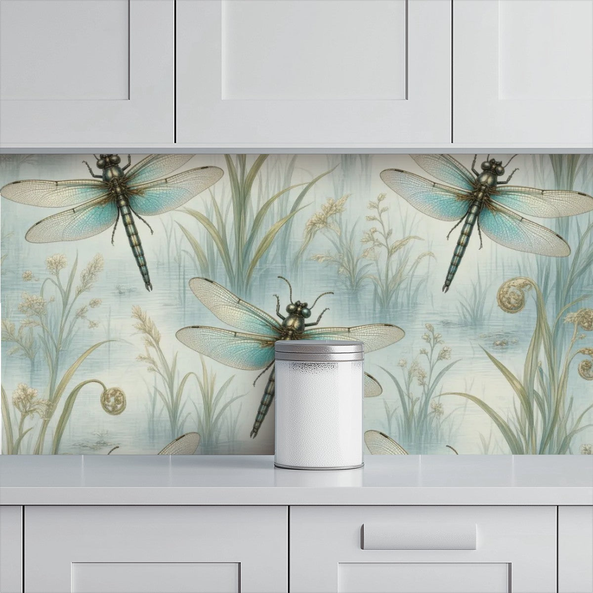 Dragonfly Celadon Peel and Stick Wallpaper – Zen Botanical & Nature-Inspired Decor