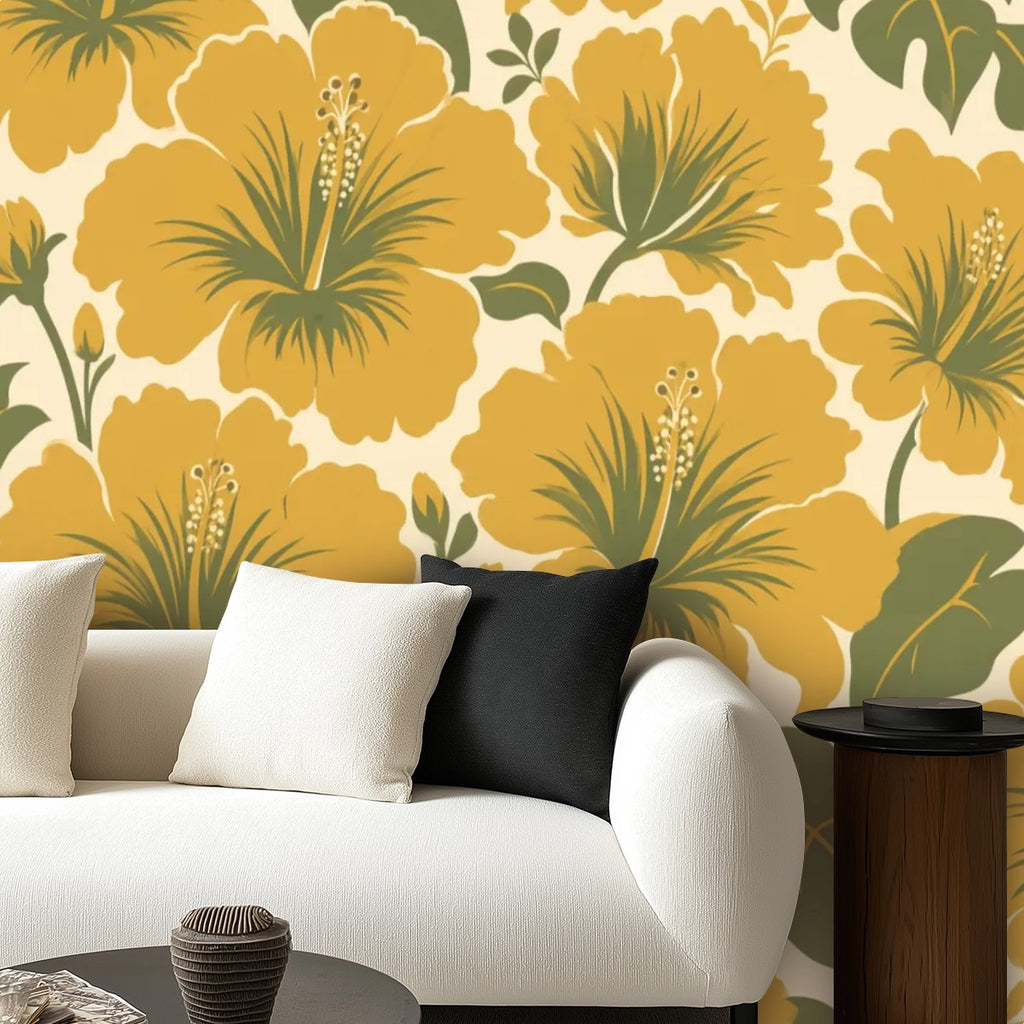 Mustard Vintage Hibiscus Peel and Stick Wallpaper