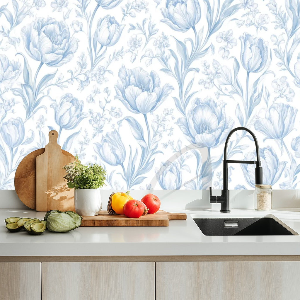 Blue Tulip Watercolour Peel and Stick Wallpaper