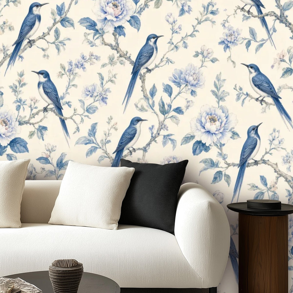 Indigo Birds & Botanical Peel and Stick Wallpaper – Moody Nature & Sophisticated Heritage Decor
