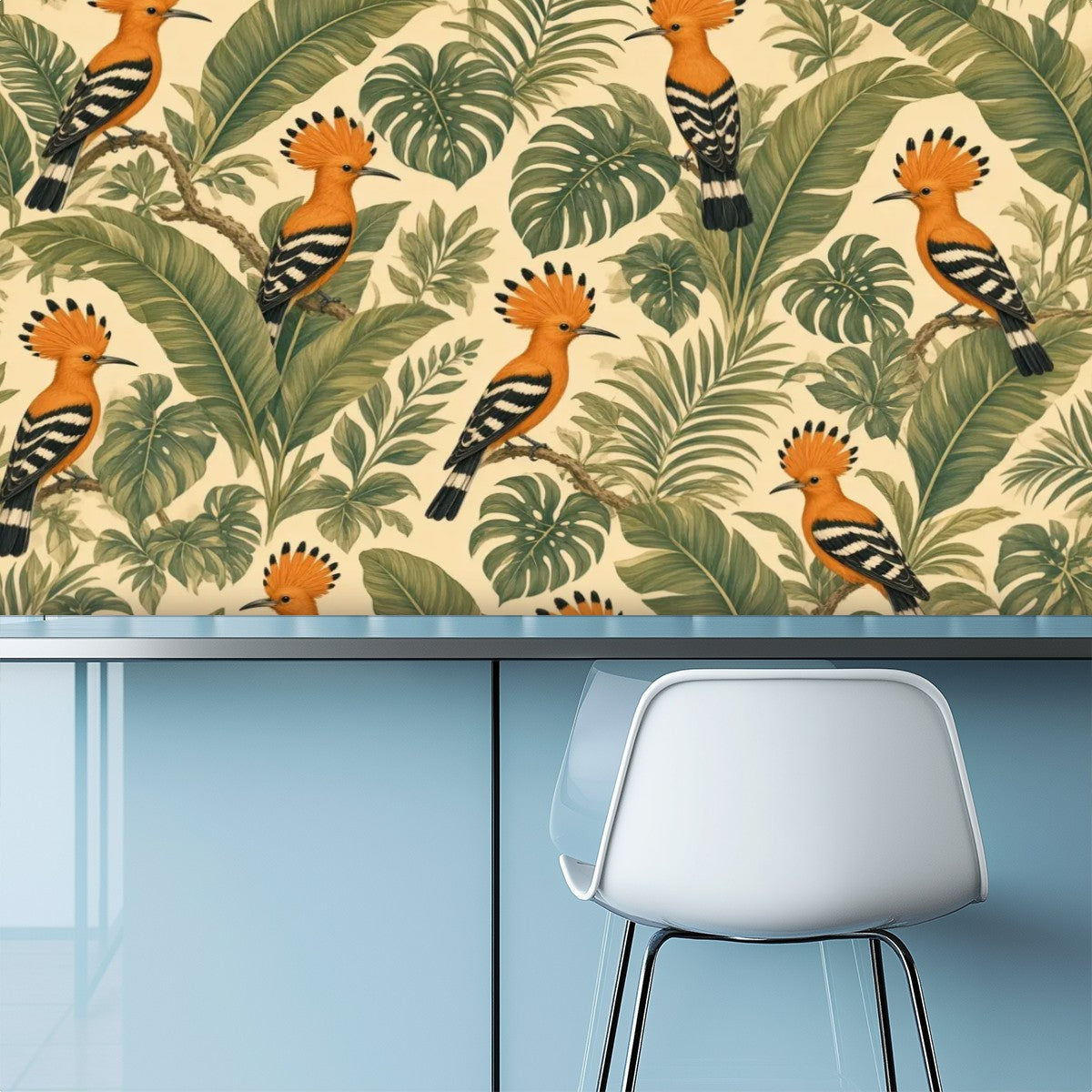 Hoopoe Bird Tropical Jungle Peel and Stick Wallpaper – Exotic Maximalist & Botanical Decor