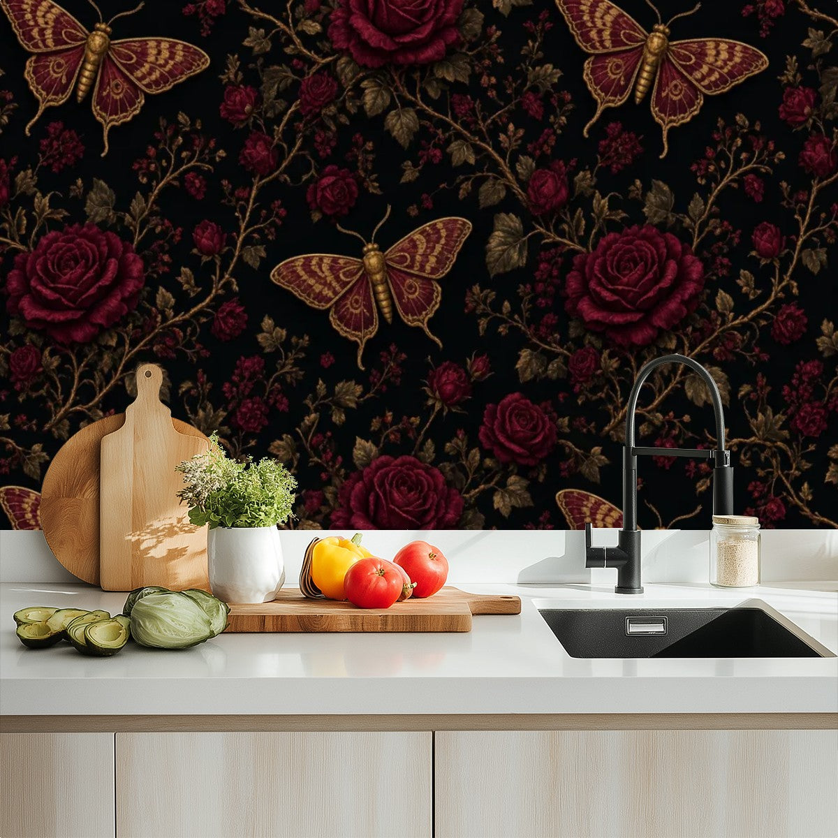 Dark Moth & Rose Peel and Stick Wallpaper – Moody Floral & Gothic Bedroom Decor