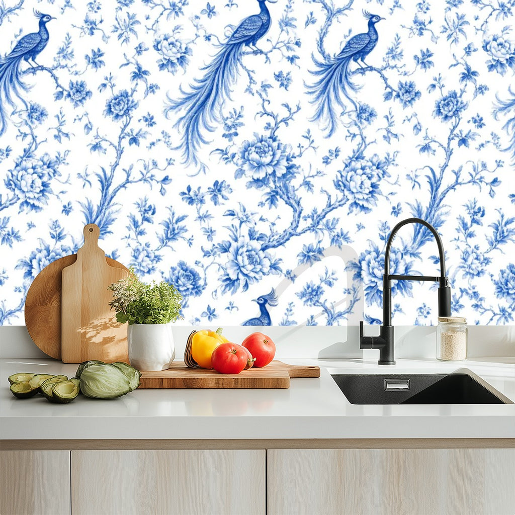 Blue Peacock Chinoiserie Peel and Stick Wallpaper – Classic Blue & White Floral Decor