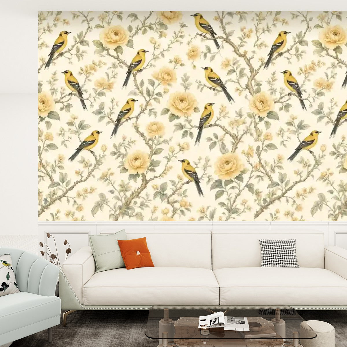 Yellow Birds & Roses Botanical Peel and Stick Wallpaper – Cheerful Nature & Classic Floral Decor