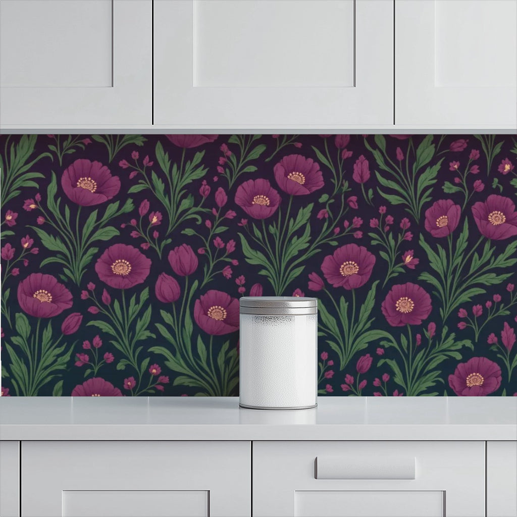 Dark Plum Folk Floral Peel and Stick Wallpaper
