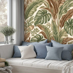Oversized Monstera & Banana Leaf Peel and Stick Wallpaper | Sage Green & Brown Tropical Boho