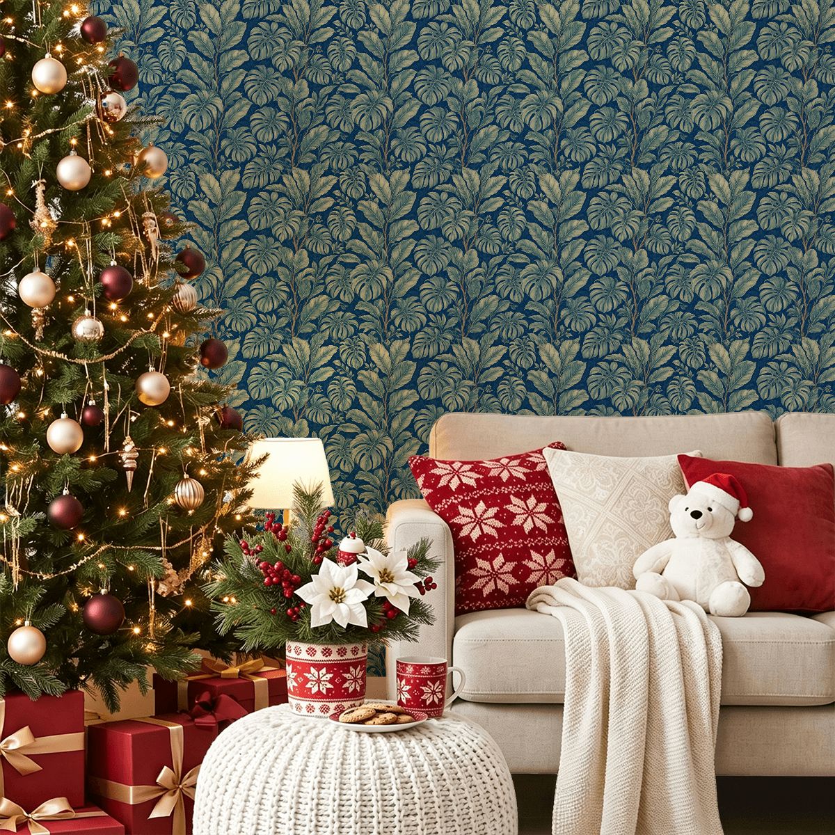 Navy Monstera Botanical Peel and Stick Wallpaper – 17.7"x118"