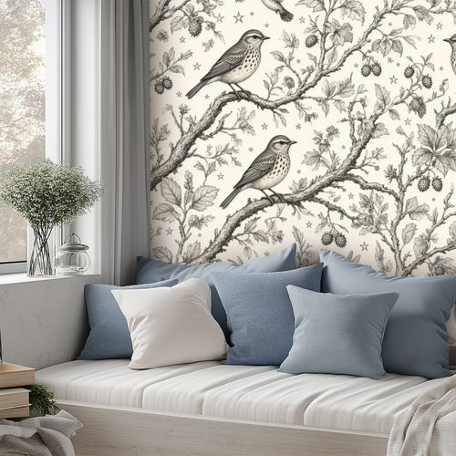 Bird Toile Peel and Stick Wallpaper – Classic Nursery & Nature-Inspired Decor