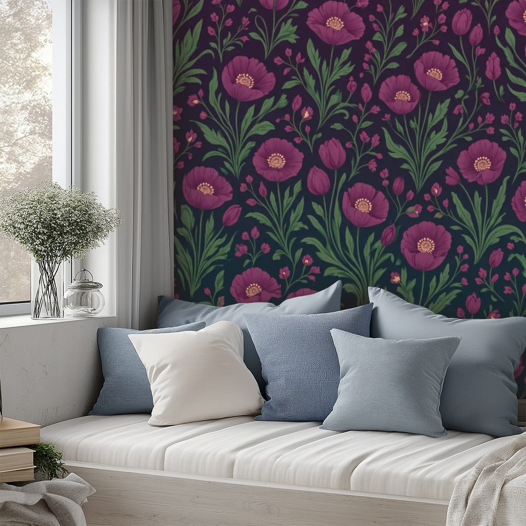 Dark Plum Folk Floral Peel and Stick Wallpaper