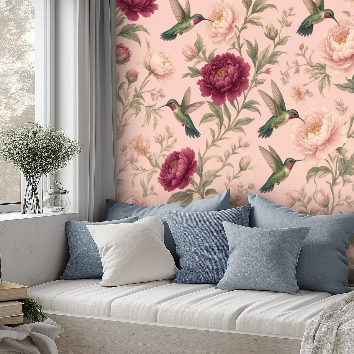 Blush Hummingbird & Peony Peel and Stick Wallpaper – Romantic Floral & Cottagecore Decor