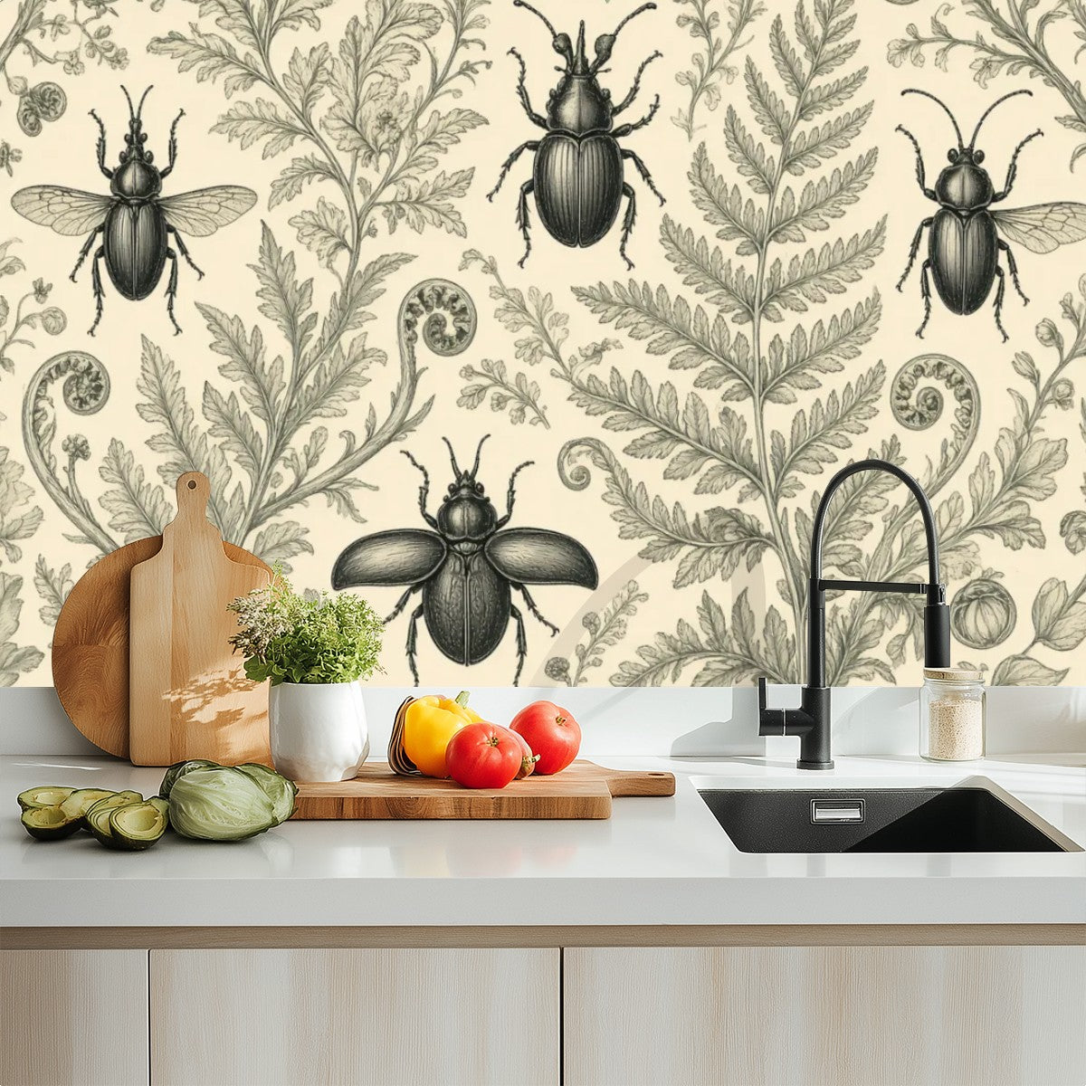 Victorian Beetle Botanical Peel and Stick Wallpaper – Maximalist Heritage & Dark Academia Decor