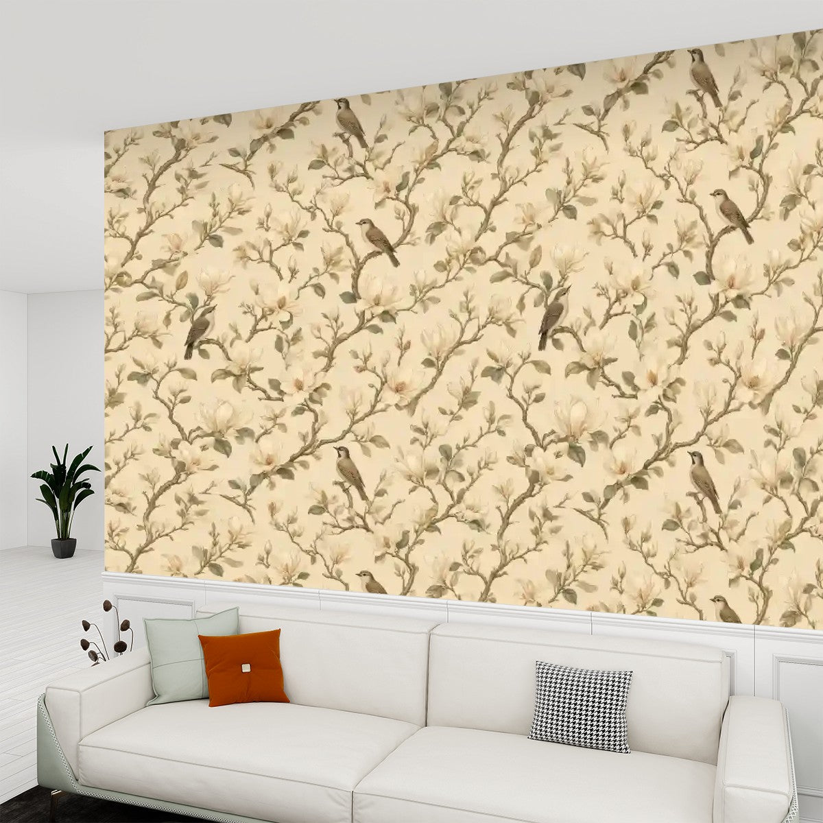 Magnolia Birds Botanical Peel and Stick Wallpaper – Classic Nature & Serene Japandi Decor