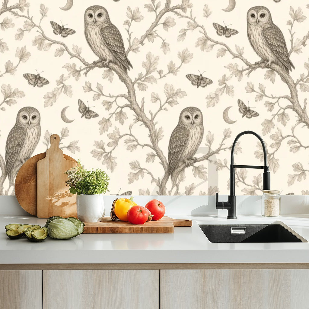 Moonlit Owl & Moths Peel and Stick Wallpaper – Whimsical Nursery & Nature Decor