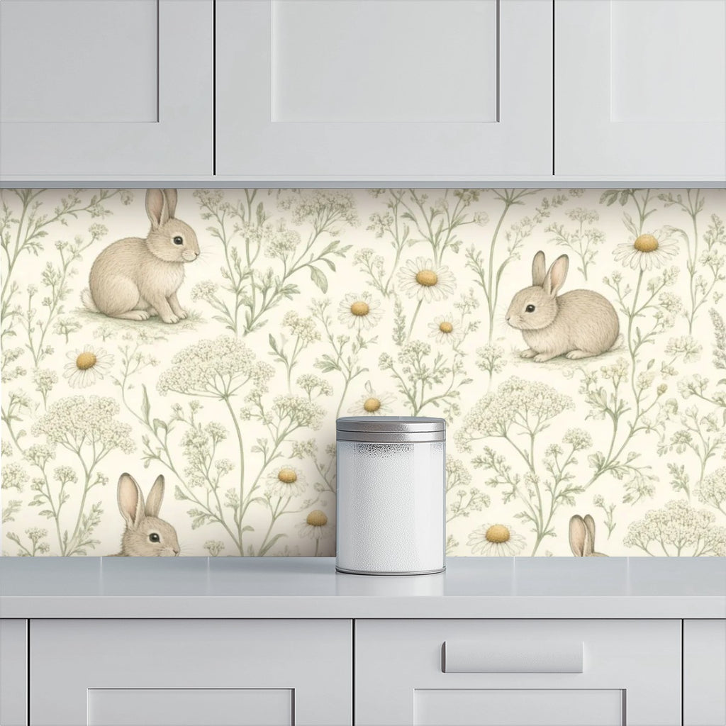 Bunny Wildflower Meadow Peel and Stick Wallpaper – Soft Scandi Nature & Sweet Nursery Decor