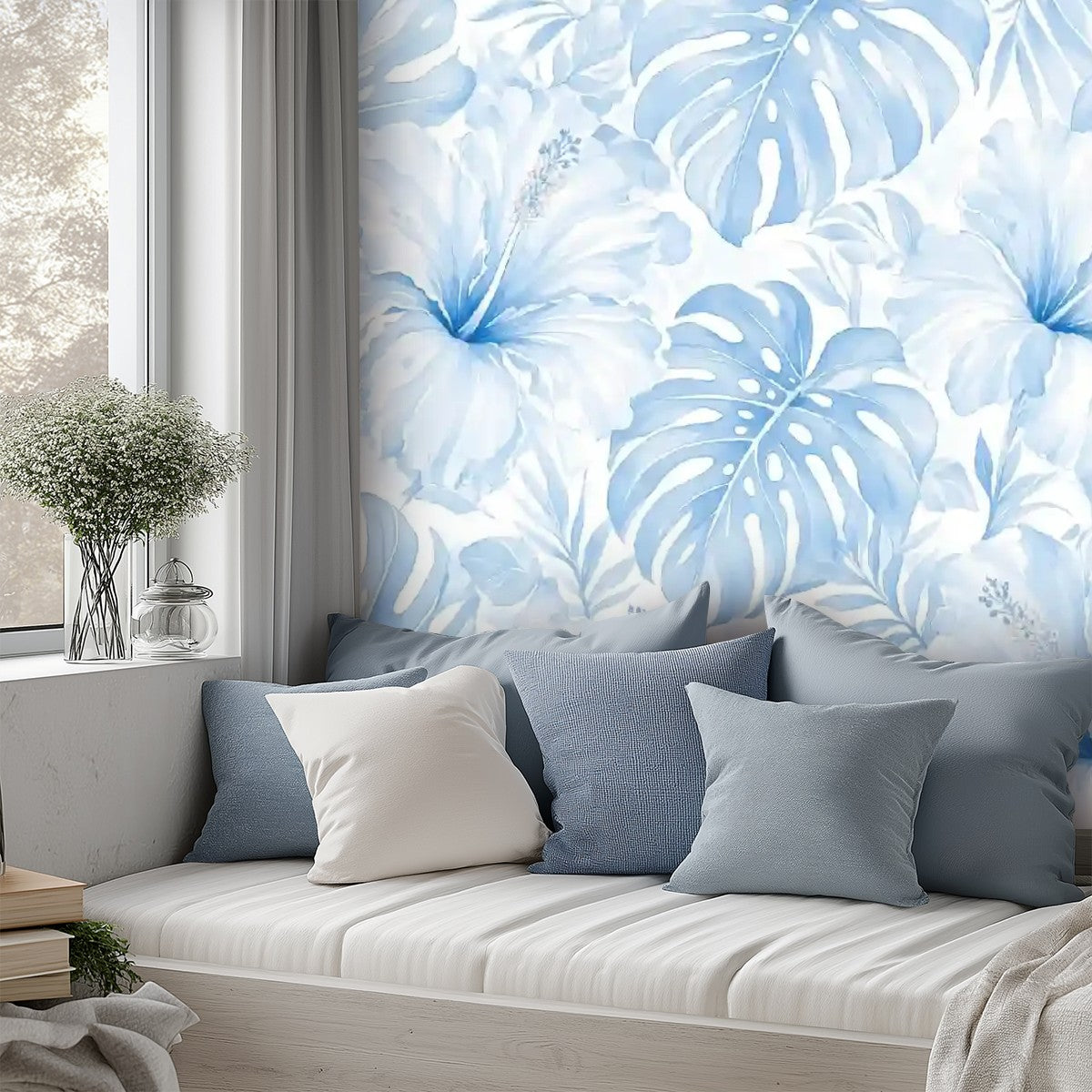 Blue Tropical Botanical Peel and Stick Wallpaper – Removable & Waterproof