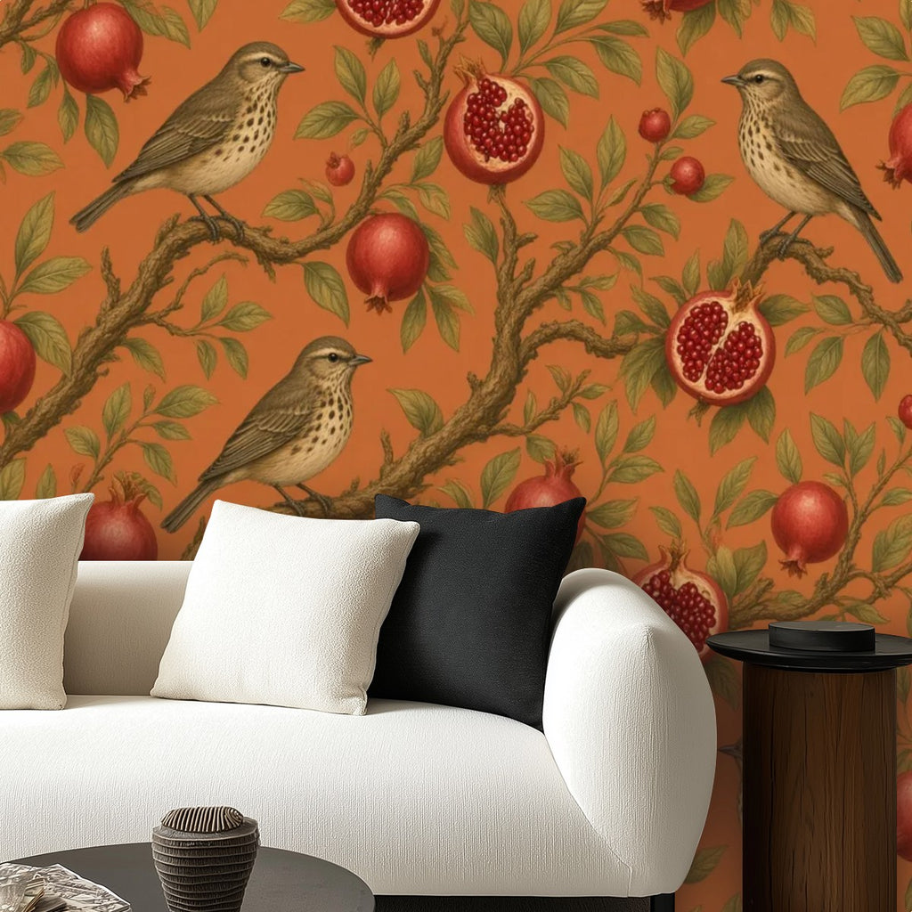Pomegranate & Birds Peel and Stick Wallpaper – Terracotta Botanical & Heritage Decor
