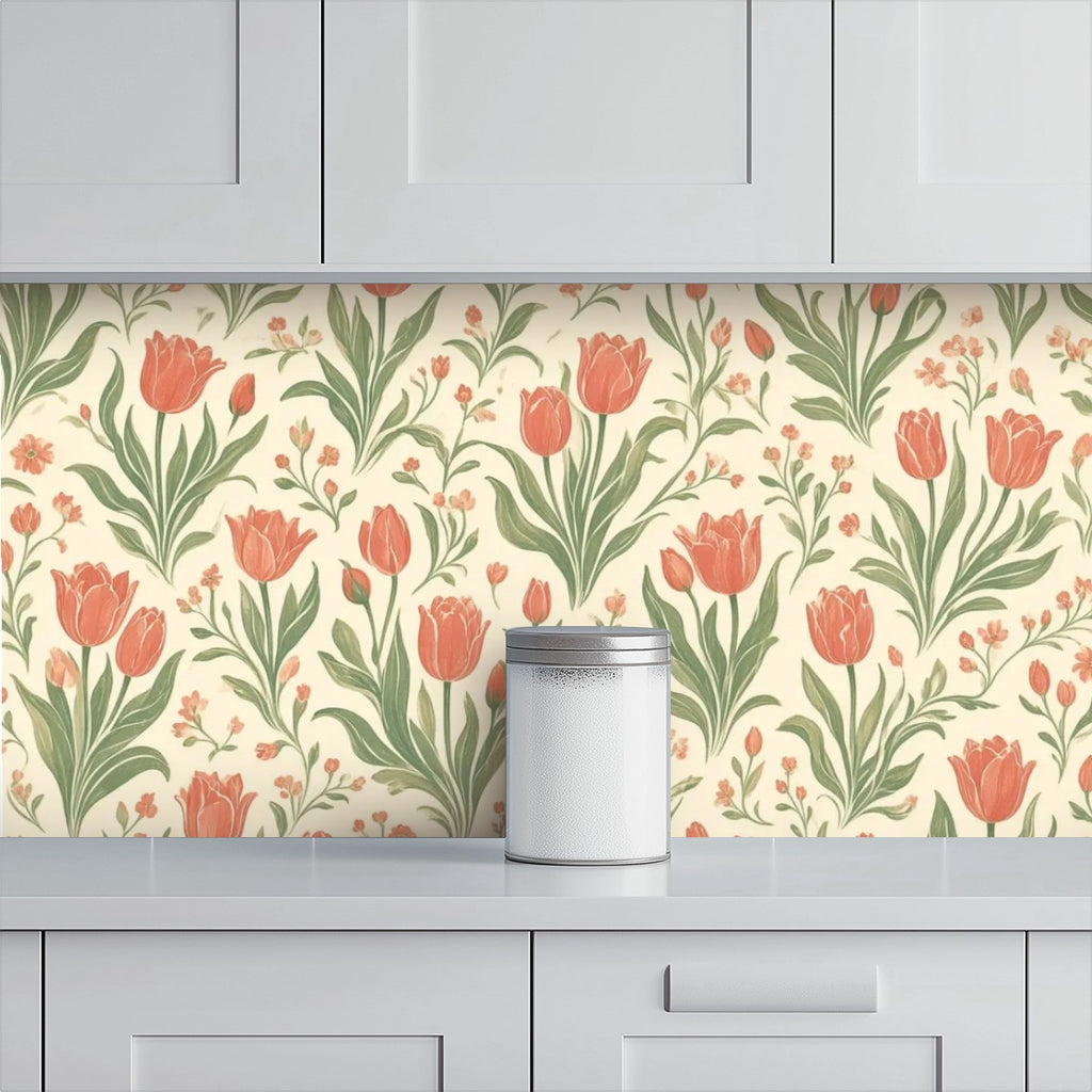 Coral Tulip Garden Peel and Stick Wallpaper