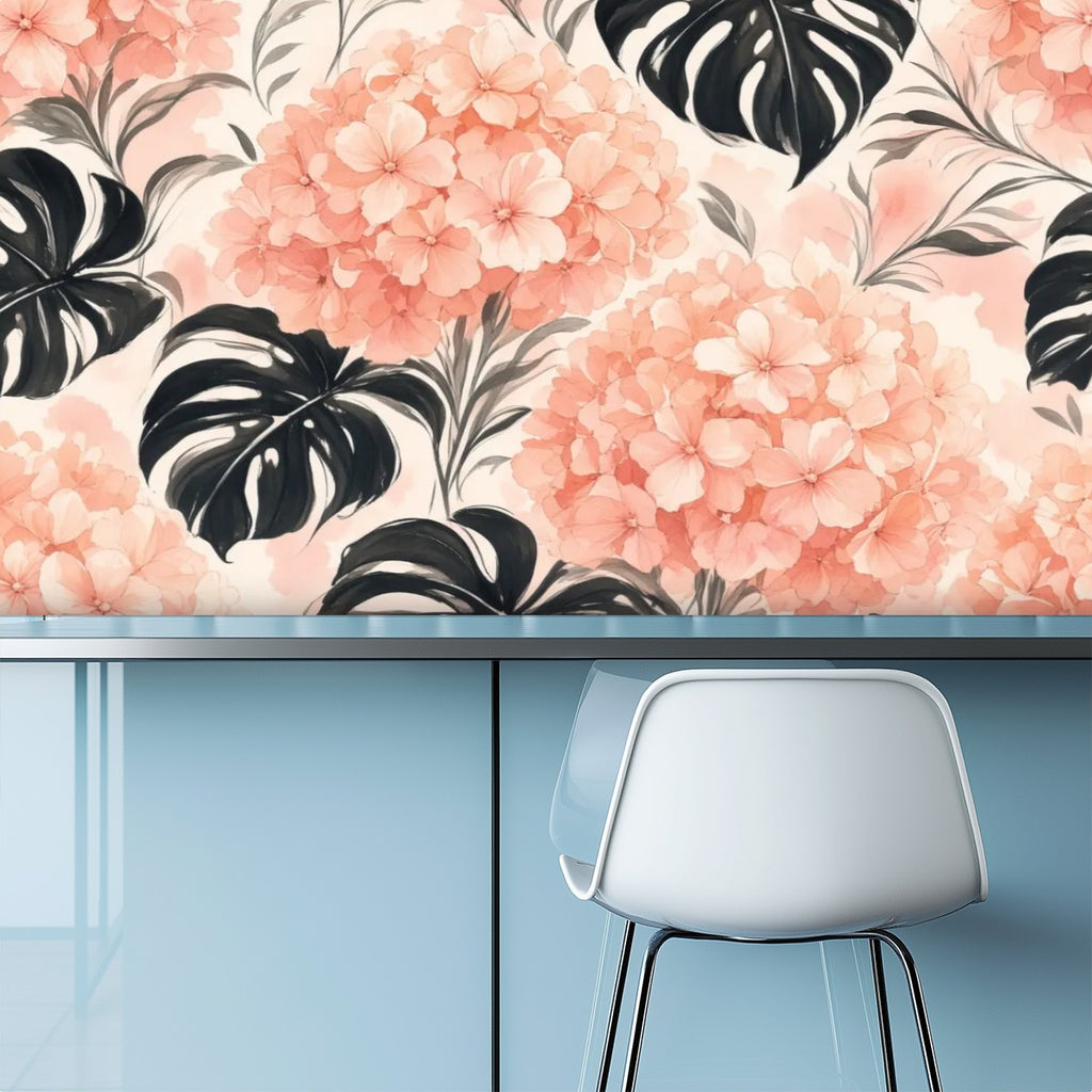 Blush Hydrangea Monstera Peel and Stick Wallpaper