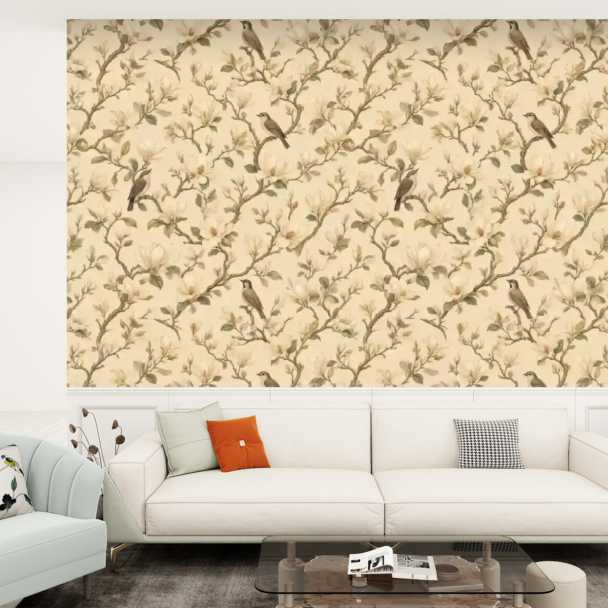 Magnolia Birds Botanical Peel and Stick Wallpaper – Classic Nature & Serene Japandi Decor