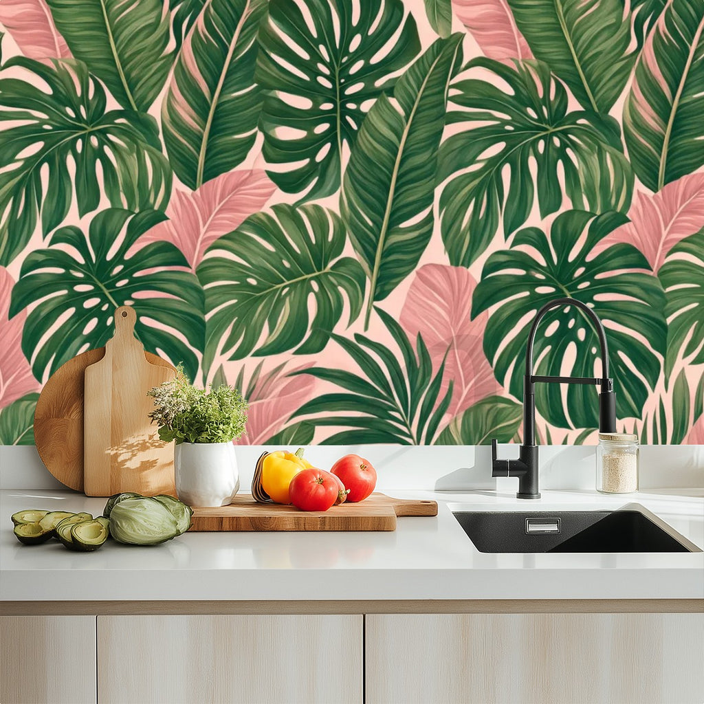 Pink Tropical Monstera Peel and Stick Wallpaper