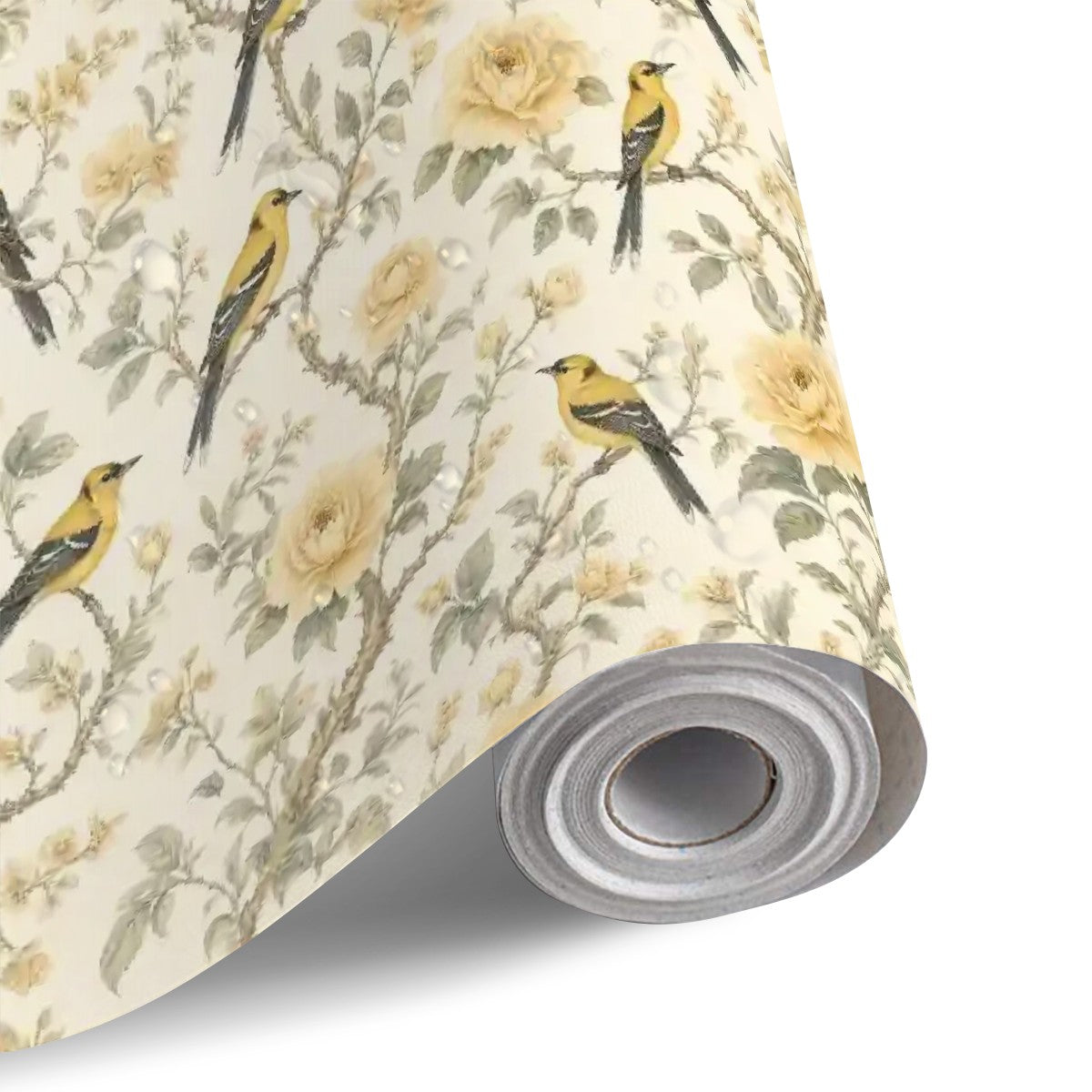 Yellow Birds & Roses Botanical Peel and Stick Wallpaper – Cheerful Nature & Classic Floral Decor