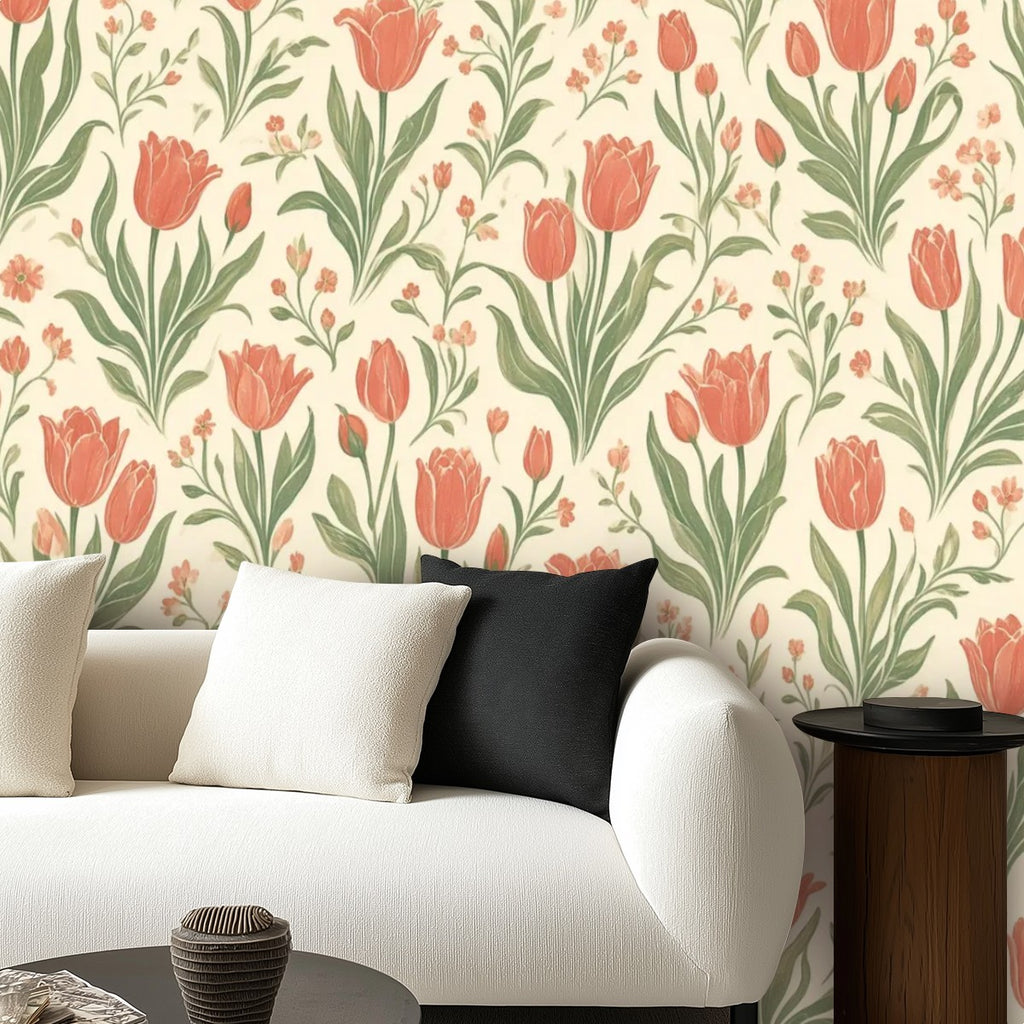 Coral Tulip Garden Peel and Stick Wallpaper