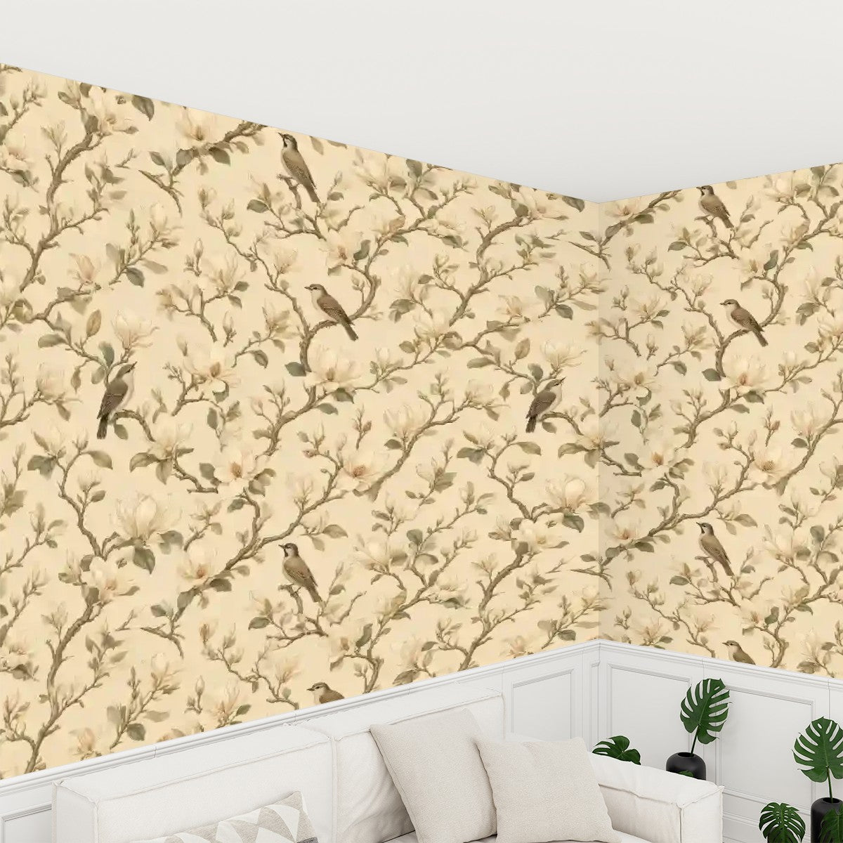 Magnolia Birds Botanical Peel and Stick Wallpaper – Classic Nature & Serene Japandi Decor