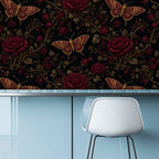Dark Moth & Rose Peel and Stick Wallpaper – Moody Floral & Gothic Bedroom Decor