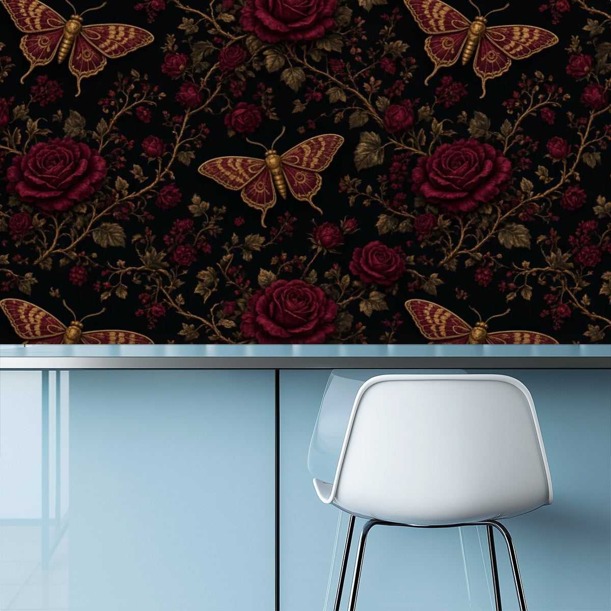 Dark Moth & Rose Peel and Stick Wallpaper – Moody Floral & Gothic Bedroom Decor
