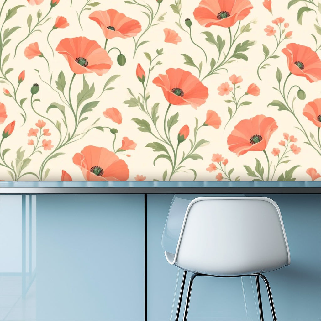 Coral Poppy Garden Peel and Stick Wallpaper