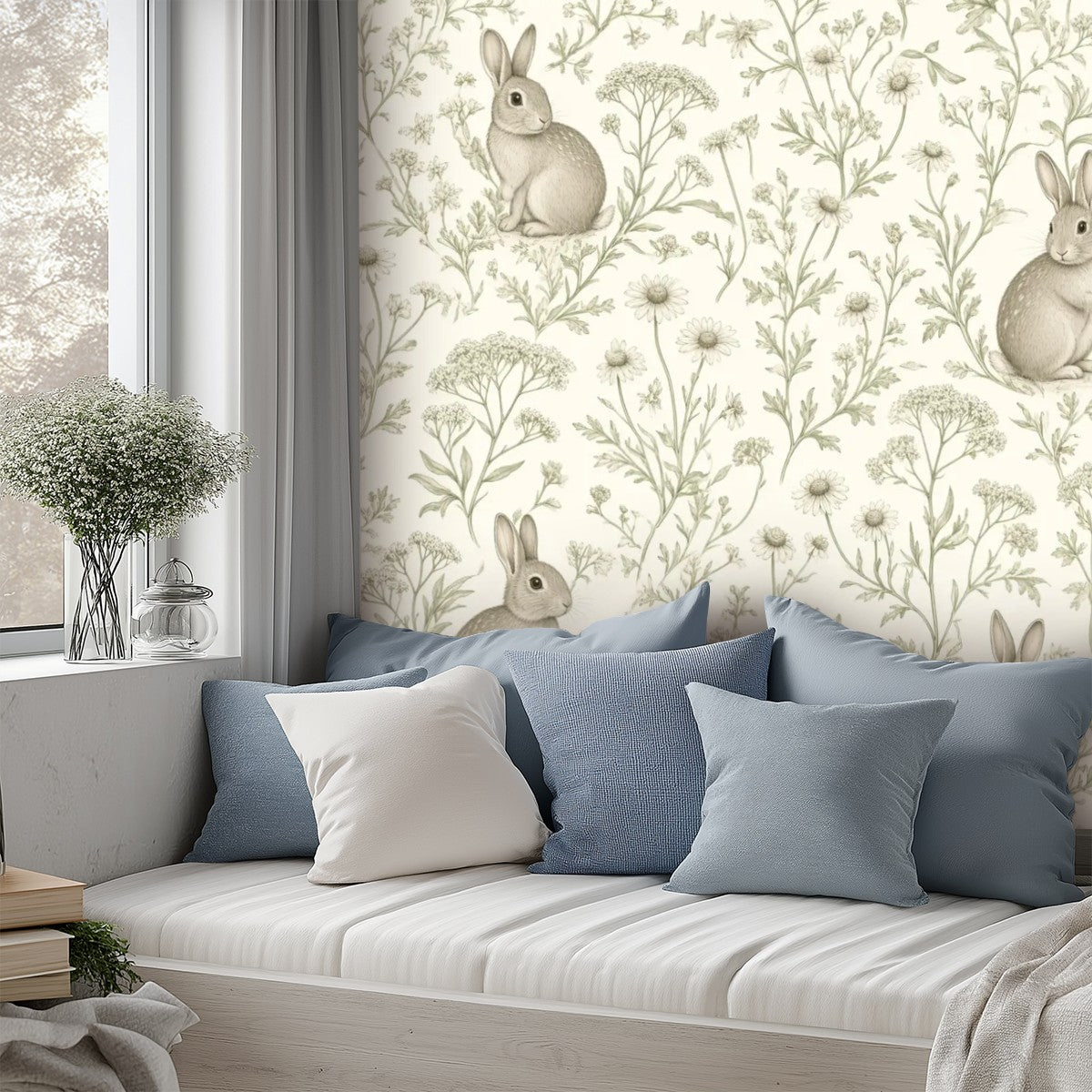 Meadow Rabbit Peel and Stick Wallpaper – Whimsical Nursery & Cottagecore Kids Room