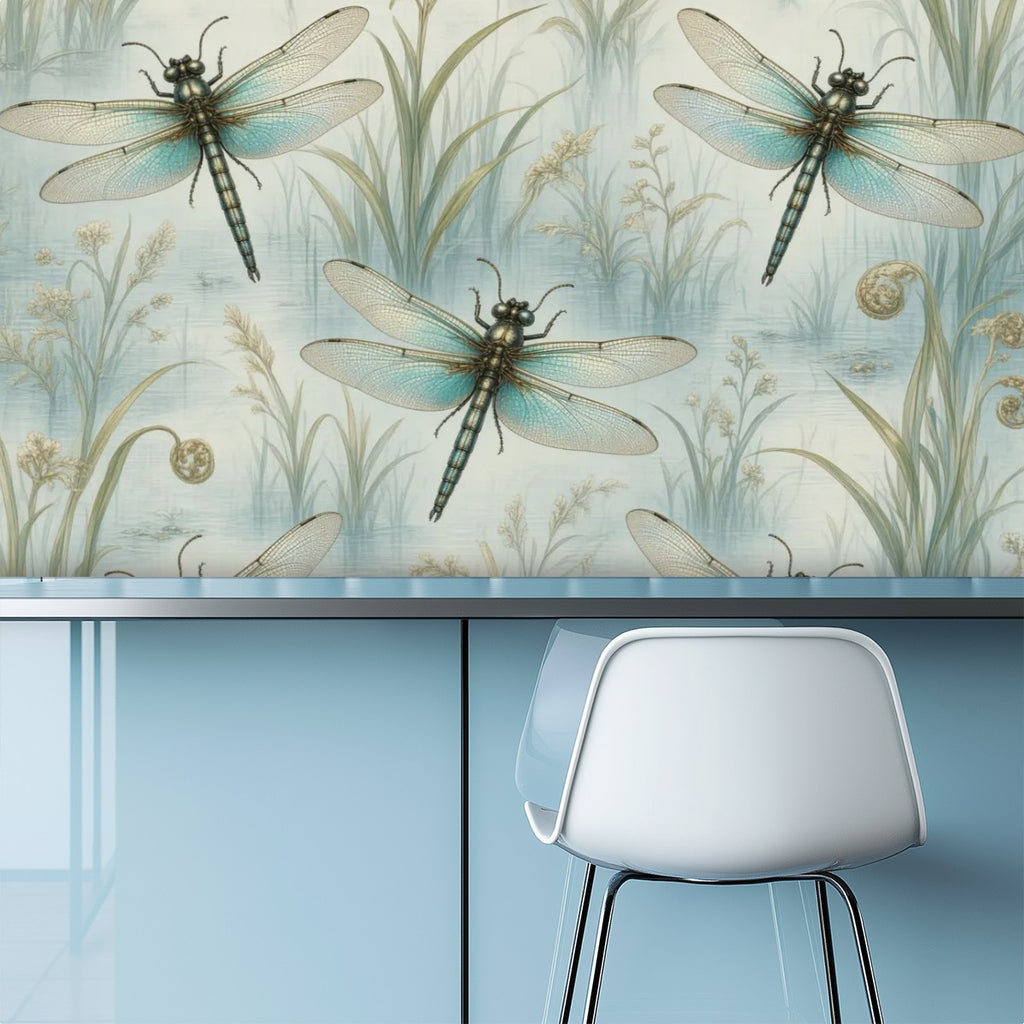 Dragonfly Celadon Peel and Stick Wallpaper – Zen Botanical & Nature-Inspired Decor