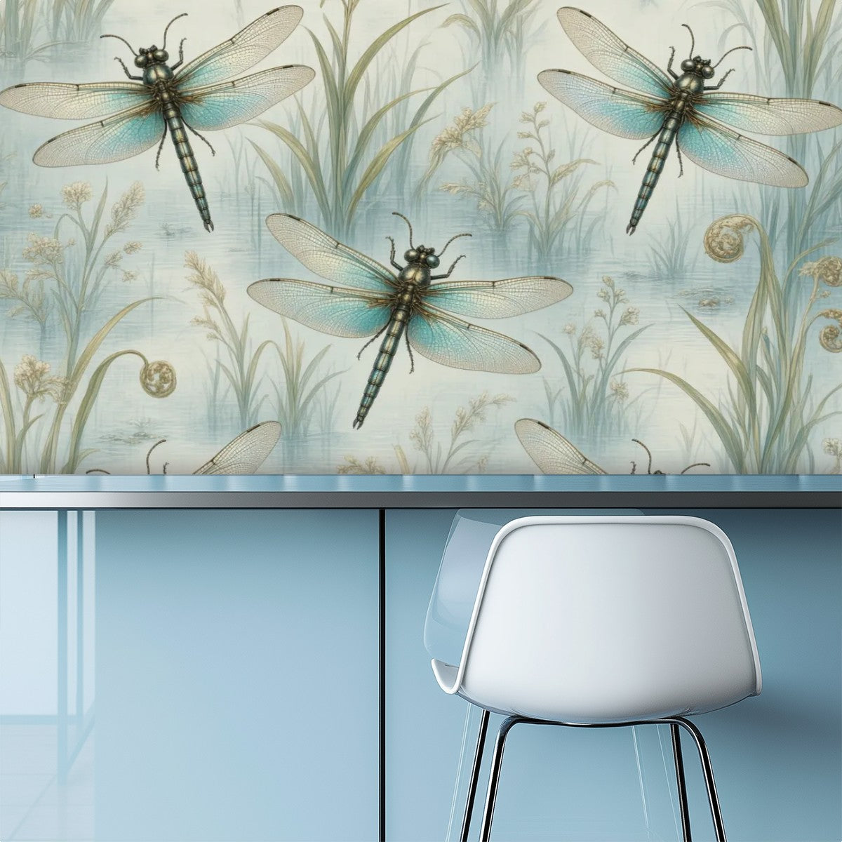 Dragonfly Celadon Peel and Stick Wallpaper – Zen Botanical & Nature-Inspired Decor