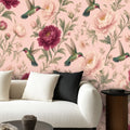 Blush Hummingbird & Peony Peel and Stick Wallpaper – Romantic Floral & Cottagecore Decor