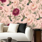 Blush Hummingbird & Peony Peel and Stick Wallpaper – Romantic Floral & Cottagecore Decor