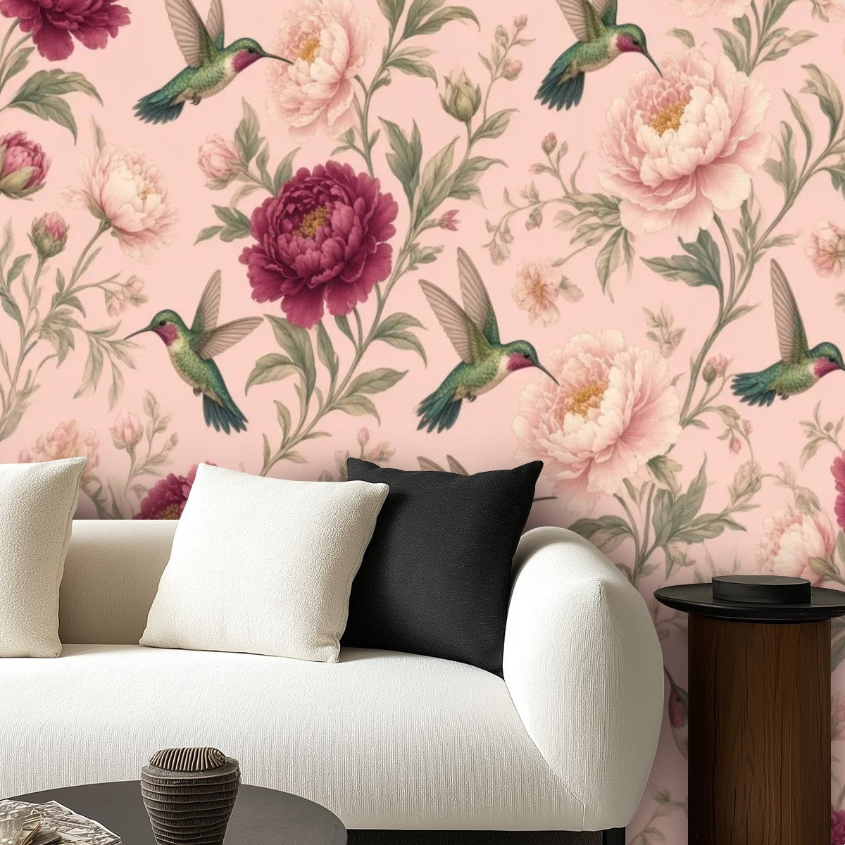 Blush Hummingbird & Peony Peel and Stick Wallpaper – Romantic Floral & Cottagecore Decor